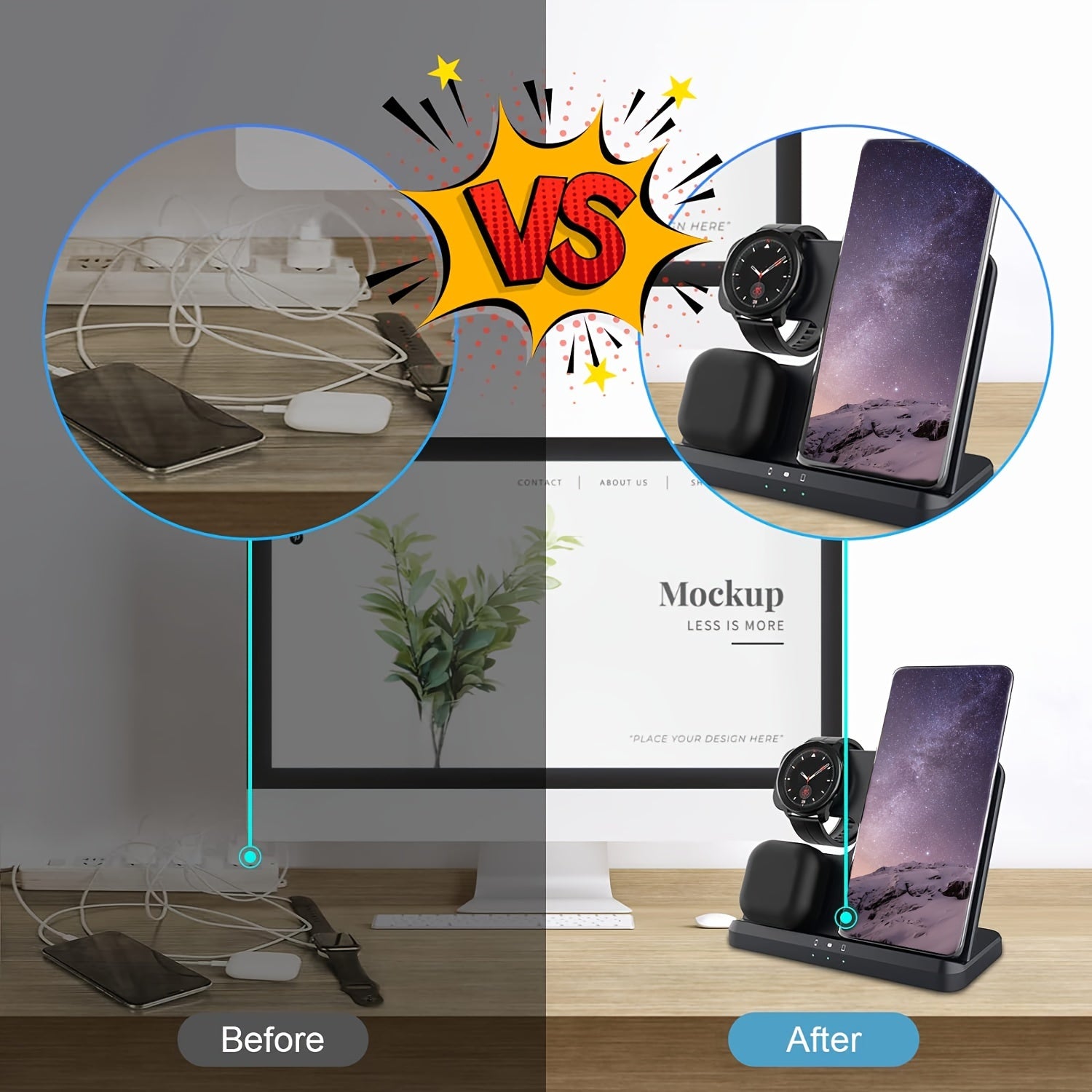 3-in-1 Wireless Charging Station with USB Type-C Fast Charger for phone, smartwatch & Earbuds (15W Max)
