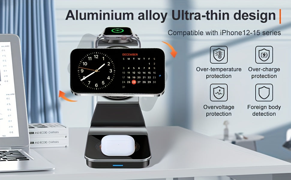 3in 1 Magnetic Wireless Charger, Fast Charging Station for your smartphones, smartwatches, and earbuds