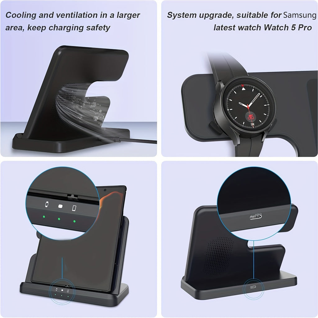 3-in-1 Wireless Charging Station with USB Type-C Fast Charger for phone, smartwatch & Earbuds (15W Max)
