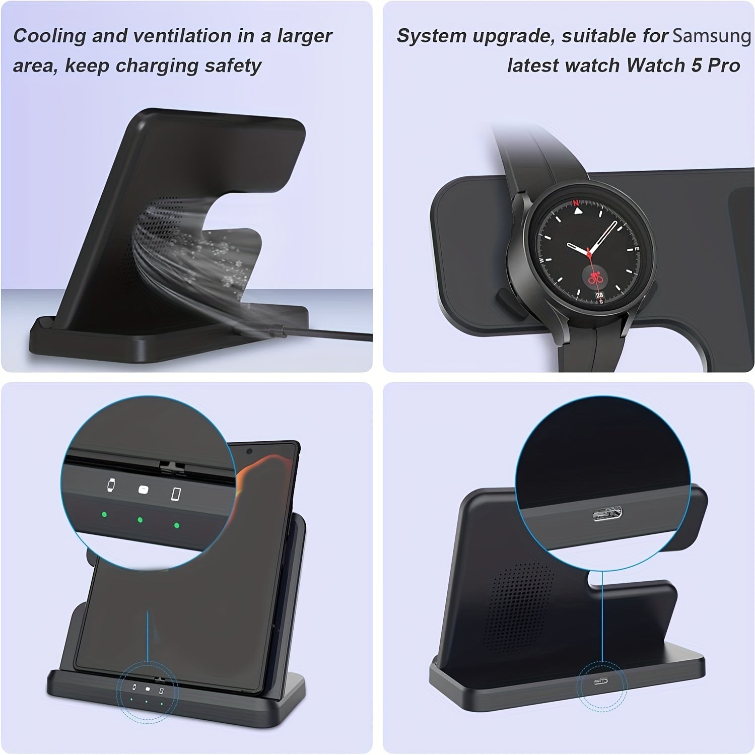3-in-1 Wireless Charging Station with USB Type-C Fast Charger for phone, smartwatch & Earbuds (15W Max)