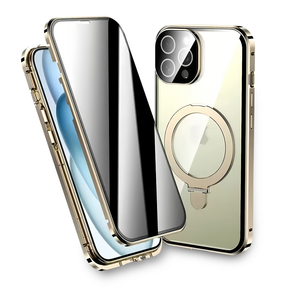 Magnetic Double-Sided Glass Privacy Phone Case for Iphone 12, 13, 14, 15, And 16 Pro Max Plus, Featuring a Security Lock And Compatibility with Magsafe, Along with a Stand And Camera Lens Protection.