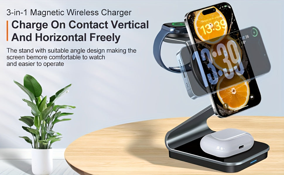 3in 1 Magnetic Wireless Charger, Fast Charging Station for your smartphones, smartwatches, and earbuds
