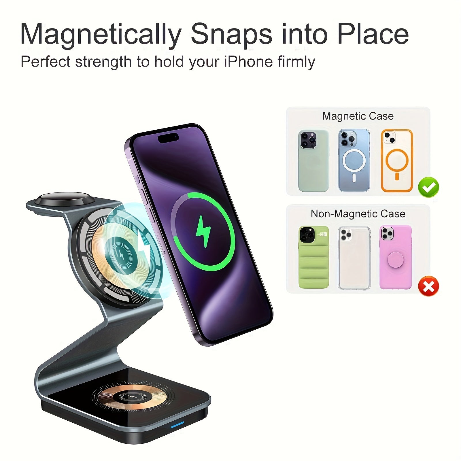 3in 1 Magnetic Wireless Charger, Fast Charging Station for your smartphones, smartwatches, and earbuds