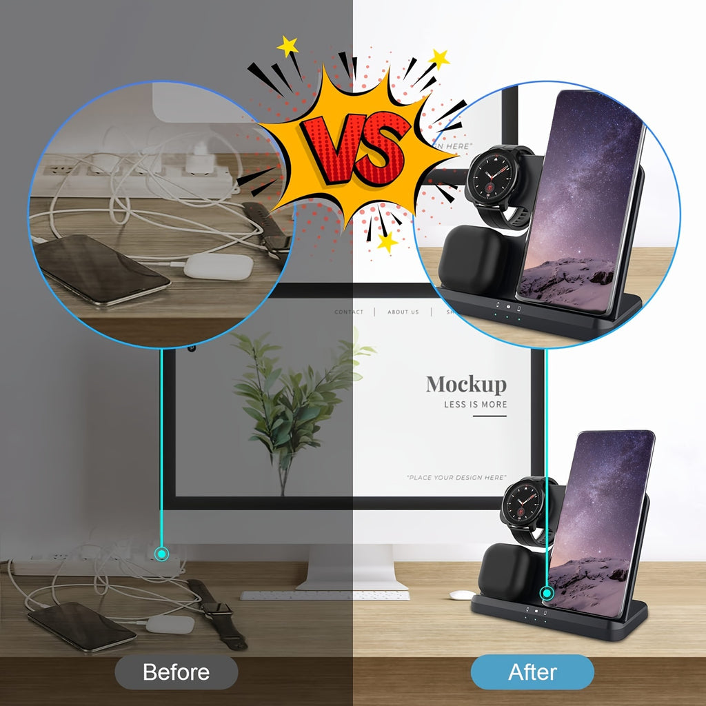 3-in-1 Wireless Charging Station with USB Type-C Fast Charger for phone, smartwatch & Earbuds (15W Max)