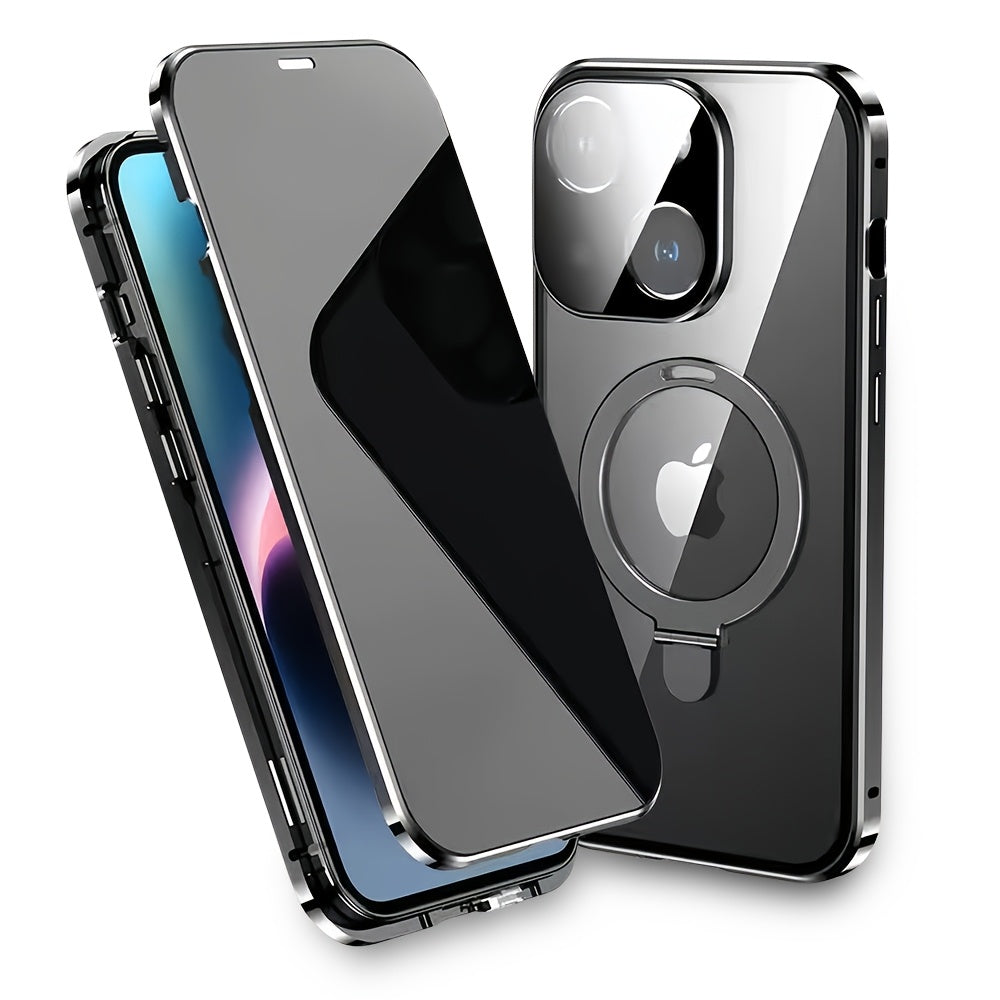 Magnetic Double-Sided Glass Privacy Phone Case for Iphone 12, 13, 14, 15, And 16 Pro Max Plus, Featuring a Security Lock And Compatibility with Magsafe, Along with a Stand And Camera Lens Protection.