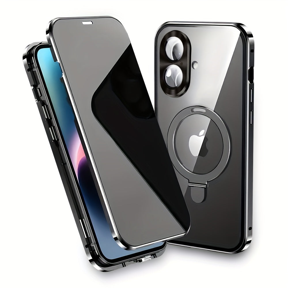 Magnetic Double-Sided Glass Privacy Phone Case for Iphone 12, 13, 14, 15, And 16 Pro Max Plus, Featuring a Security Lock And Compatibility with Magsafe, Along with a Stand And Camera Lens Protection.