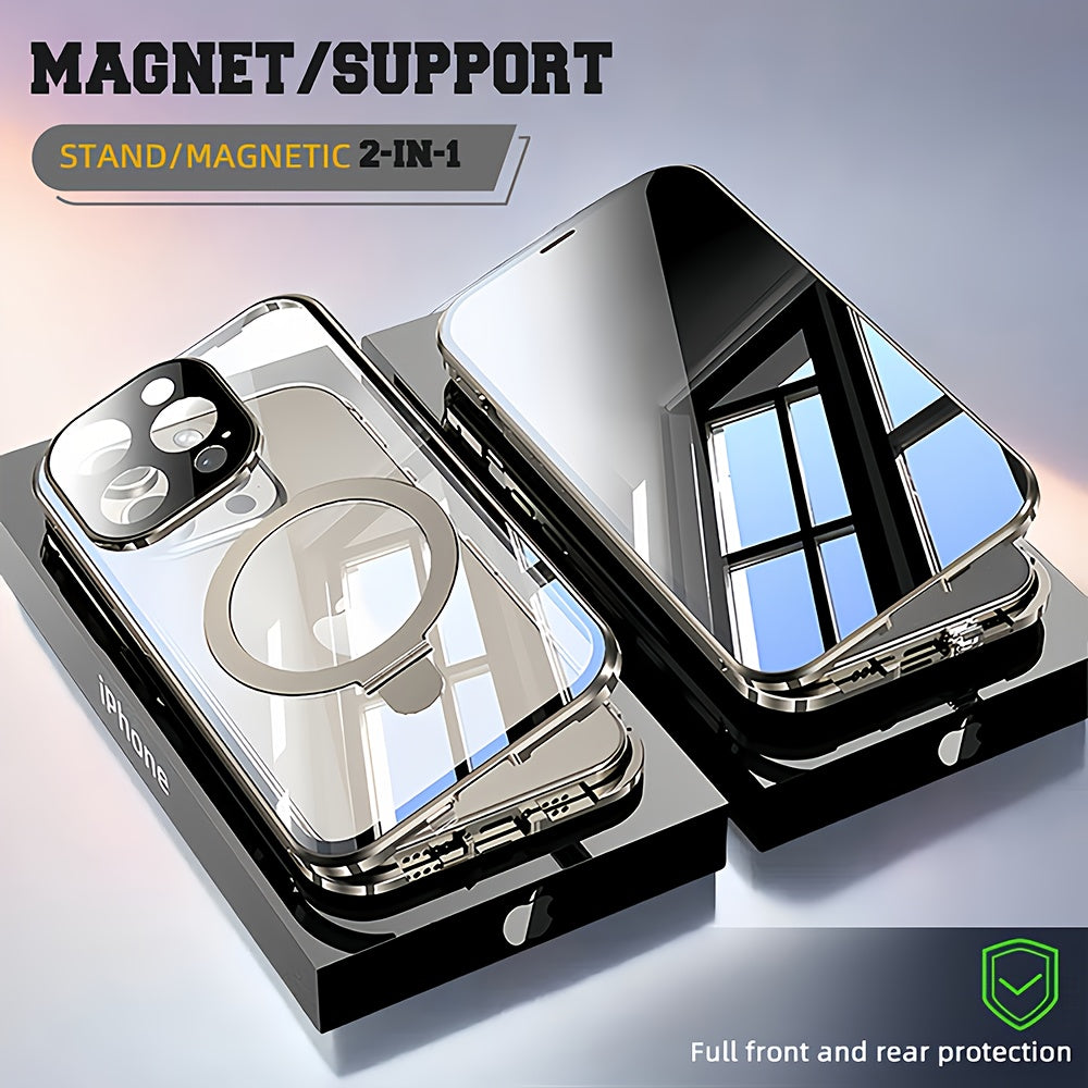 Magnetic Double-Sided Glass Privacy Phone Case for Iphone 12, 13, 14, 15, And 16 Pro Max Plus, Featuring a Security Lock And Compatibility with Magsafe, Along with a Stand And Camera Lens Protection.
