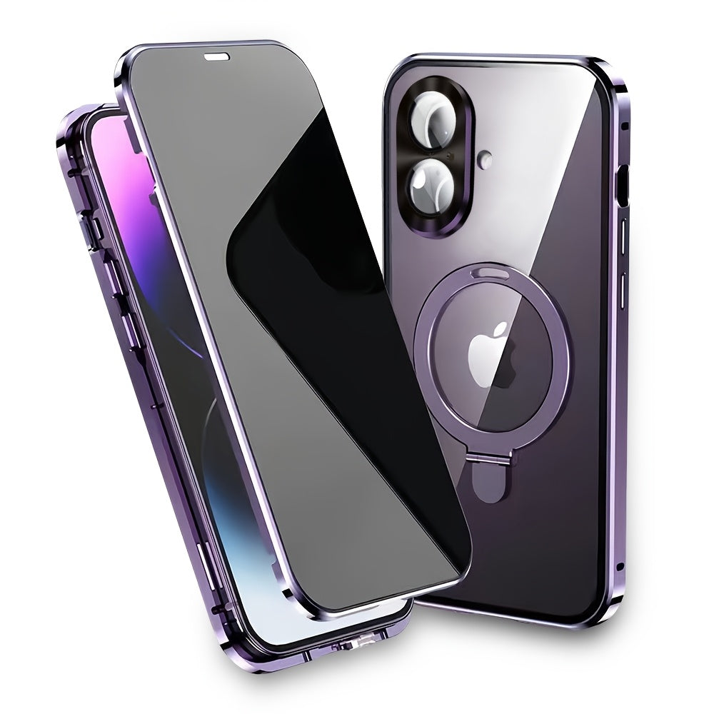 Magnetic Double-Sided Glass Privacy Phone Case for Iphone 12, 13, 14, 15, And 16 Pro Max Plus, Featuring a Security Lock And Compatibility with Magsafe, Along with a Stand And Camera Lens Protection.
