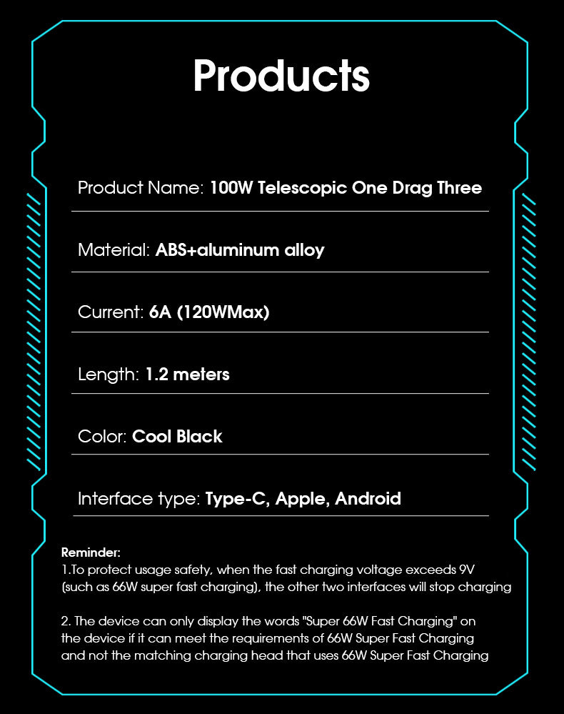 100w stretchable Fast Charging type-c Cable, multi-Functional USB Data Cord for Andriod and Tablets