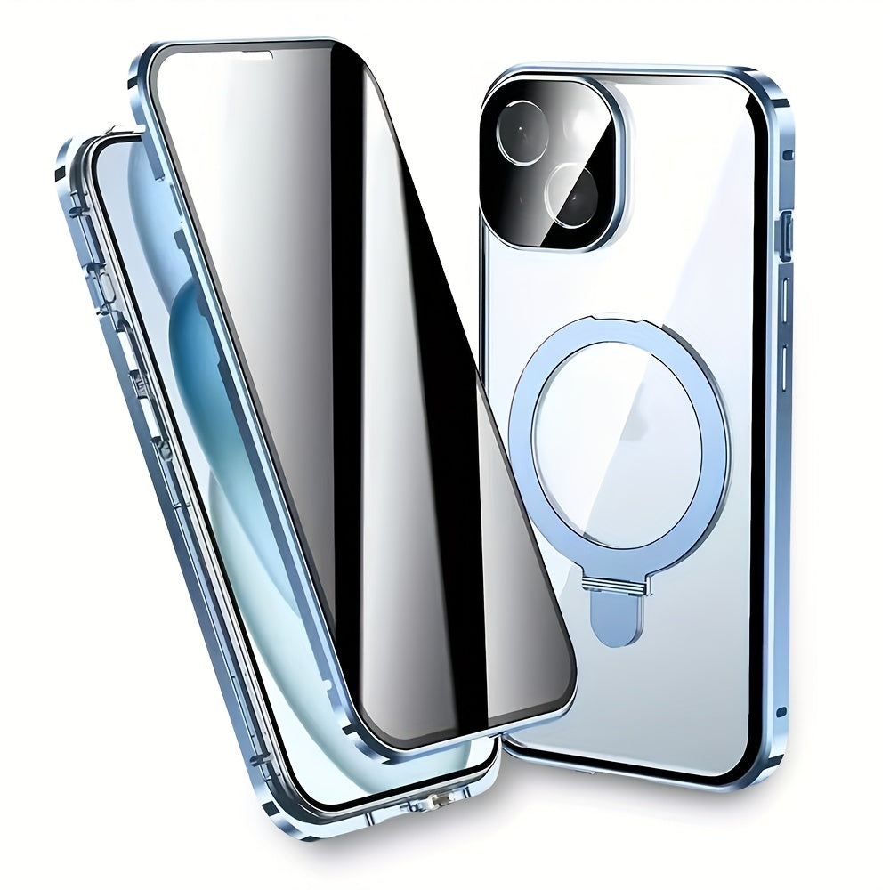 Magnetic Double-Sided Glass Privacy Phone Case for Iphone 12, 13, 14, 15, And 16 Pro Max Plus, Featuring a Security Lock And Compatibility with Magsafe, Along with a Stand And Camera Lens Protection.