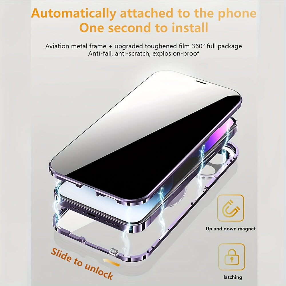 Magnetic Double-Sided Glass Privacy Phone Case for Iphone 12, 13, 14, 15, And 16 Pro Max Plus, Featuring a Security Lock And Compatibility with Magsafe, Along with a Stand And Camera Lens Protection.