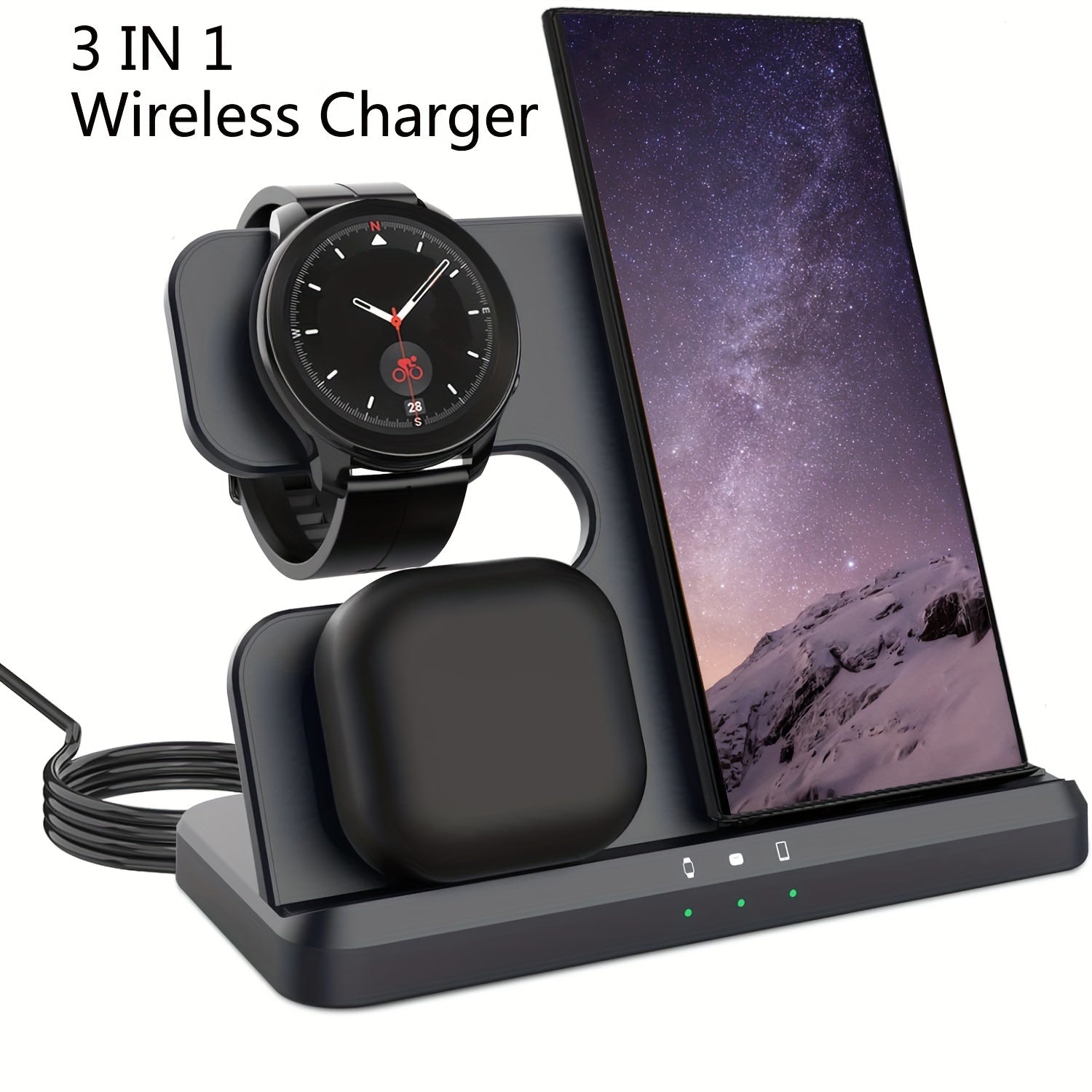 3-in-1 Wireless Charging Station with USB Type-C Fast Charger for phone, smartwatch & Earbuds (15W Max)