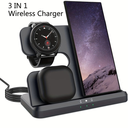3-in-1 Wireless Charging Station with USB Type-C Fast Charger for phone, smartwatch & Earbuds (15W Max)