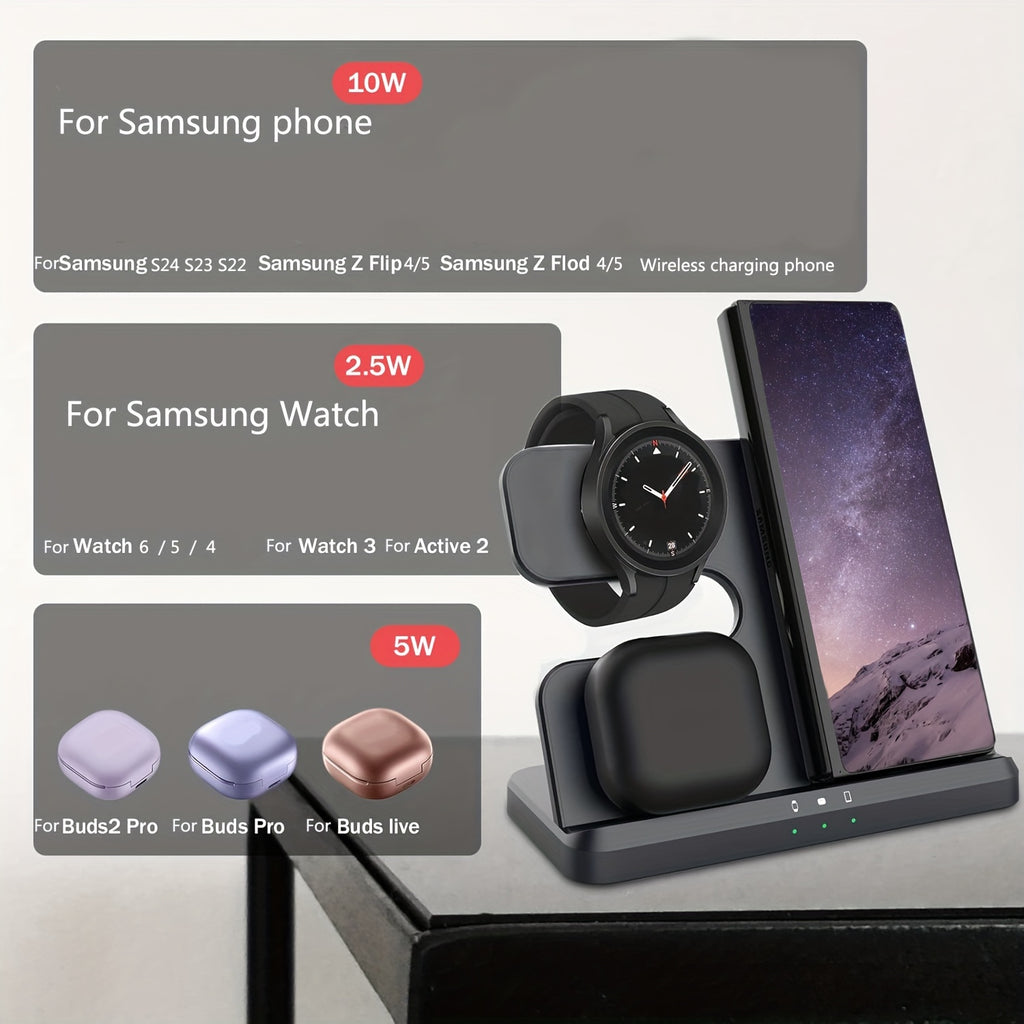 3-in-1 Wireless Charging Station with USB Type-C Fast Charger for phone, smartwatch & Earbuds (15W Max)