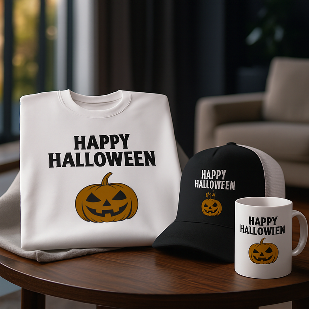 Halloween Exclusive Bundle - T-Shirt, Cap & Mug | Limited Edition Gift Set with 'Happy Halloween' Design and Pumpkin Motif