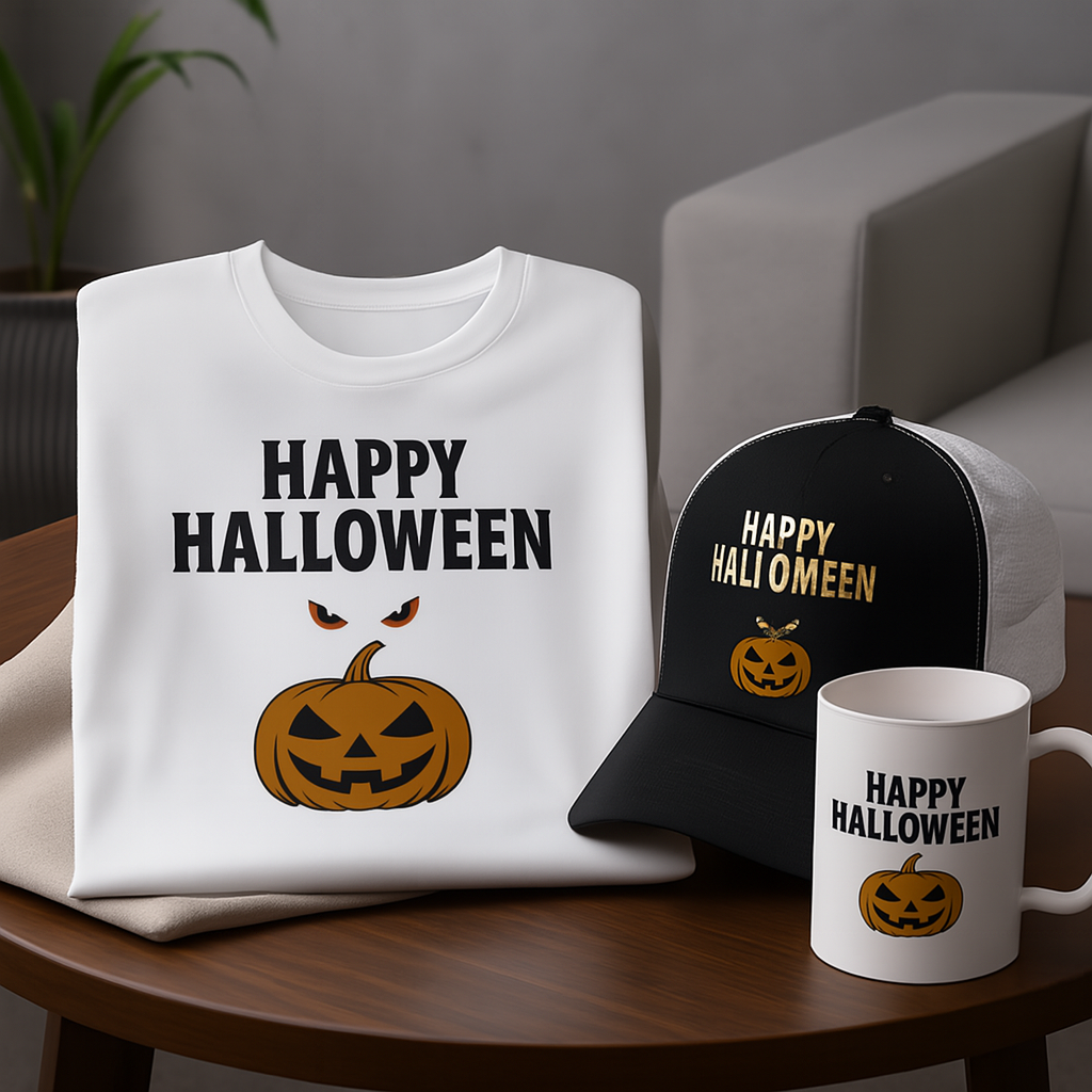 Halloween Exclusive Bundle - T-Shirt, Cap & Mug | Limited Edition Gift Set with 'Happy Halloween' Design and Pumpkin Motif