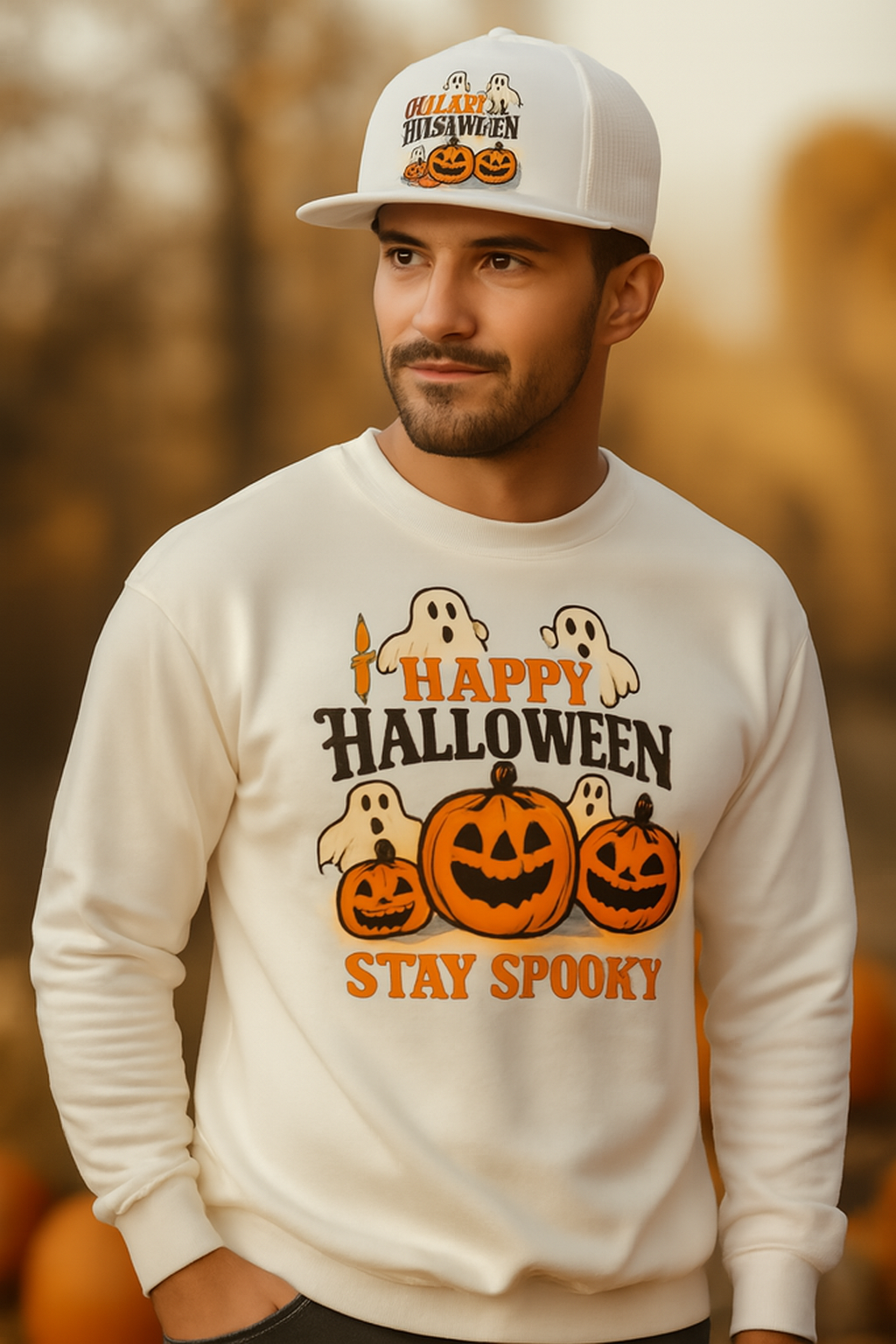 Stay Spooky Halloween Shirt & Hat Set Fun Ghost Pumpkin Design Perfect Fall Outfit Soft Breathable Material Adjustable Snapback Cap