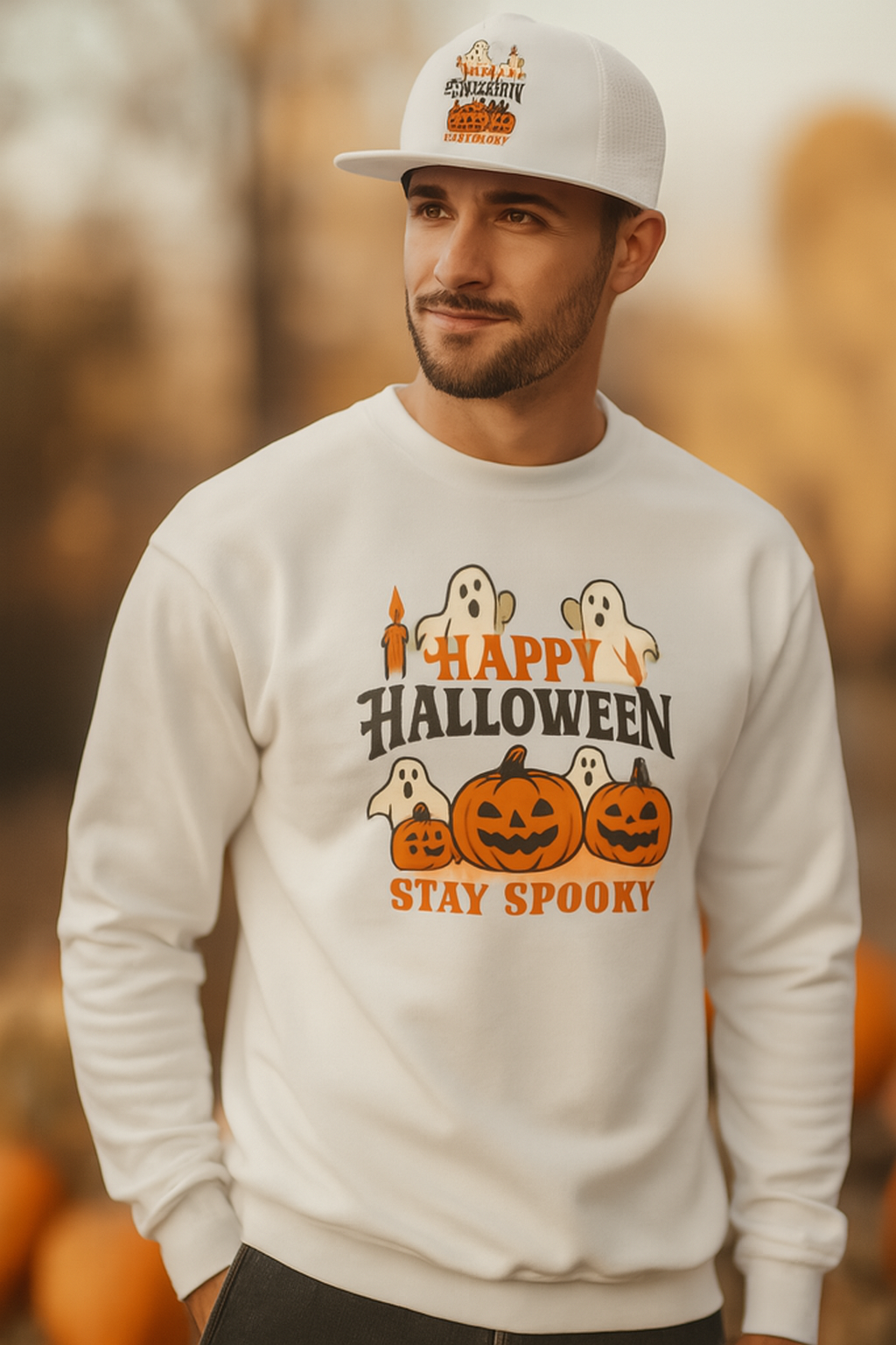 Stay Spooky Halloween Shirt & Hat Set Fun Ghost Pumpkin Design Perfect Fall Outfit Soft Breathable Material Adjustable Snapback Cap