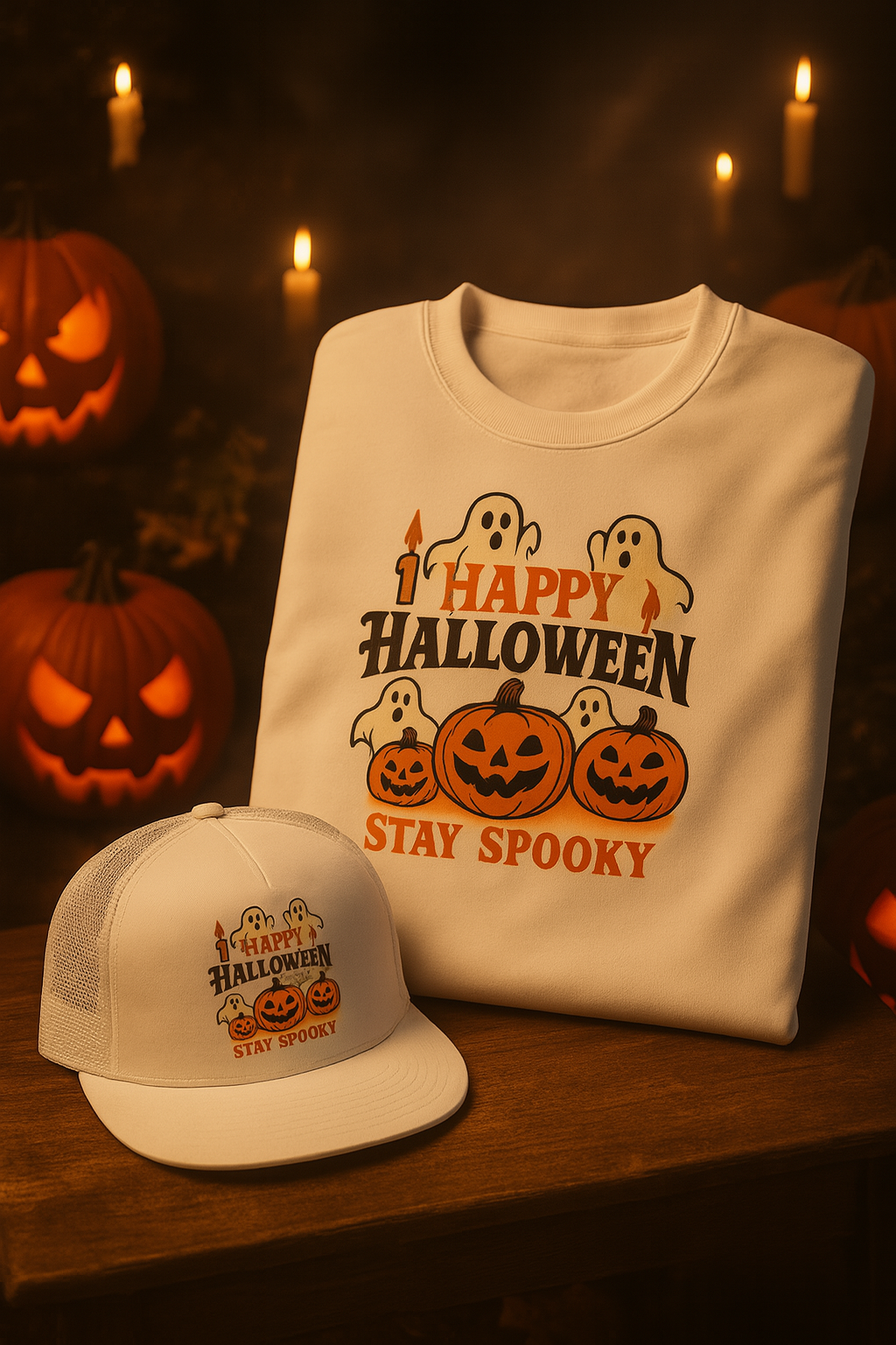 Stay Spooky Halloween Shirt & Hat Set Fun Ghost Pumpkin Design Perfect Fall Outfit Soft Breathable Material Adjustable Snapback Cap