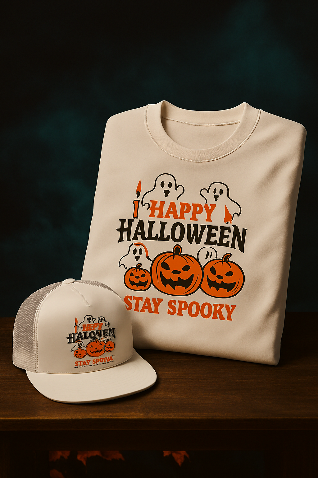 Stay Spooky Halloween Shirt & Hat Set Fun Ghost Pumpkin Design Perfect Fall Outfit Soft Breathable Material Adjustable Snapback Cap