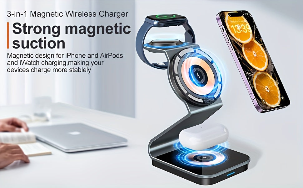 3in 1 Magnetic Wireless Charger, Fast Charging Station for your smartphones, smartwatches, and earbuds