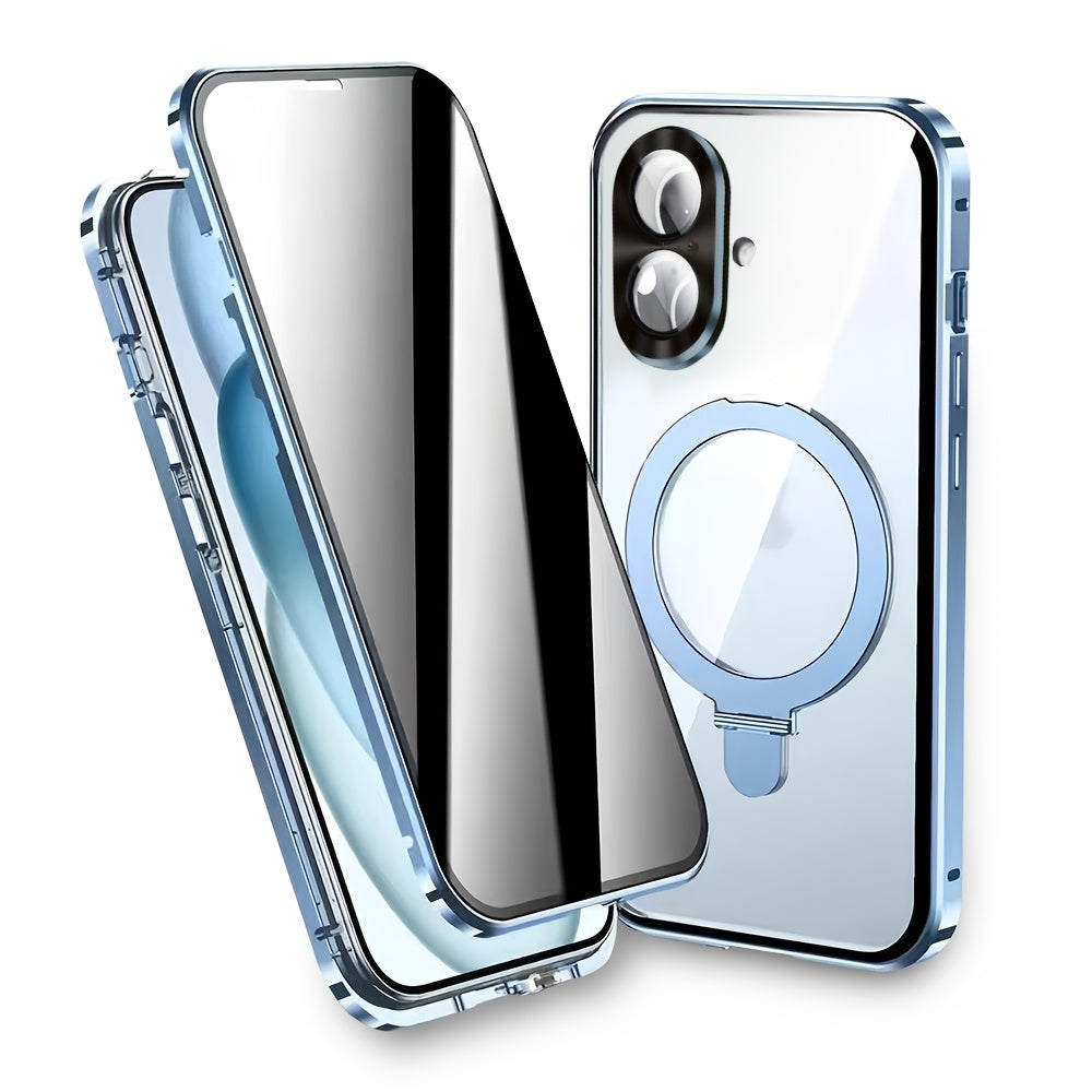 Magnetic Double-Sided Glass Privacy Phone Case for Iphone 12, 13, 14, 15, And 16 Pro Max Plus, Featuring a Security Lock And Compatibility with Magsafe, Along with a Stand And Camera Lens Protection.