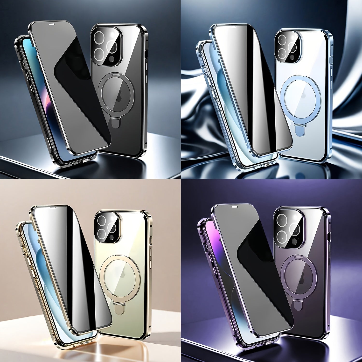 Magnetic Double-Sided Glass Privacy Phone Case for Iphone 12, 13, 14, 15, And 16 Pro Max Plus, Featuring a Security Lock And Compatibility with Magsafe, Along with a Stand And Camera Lens Protection.