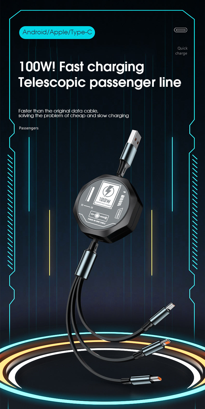 100w stretchable Fast Charging type-c Cable, multi-Functional USB Data Cord for Andriod and Tablets