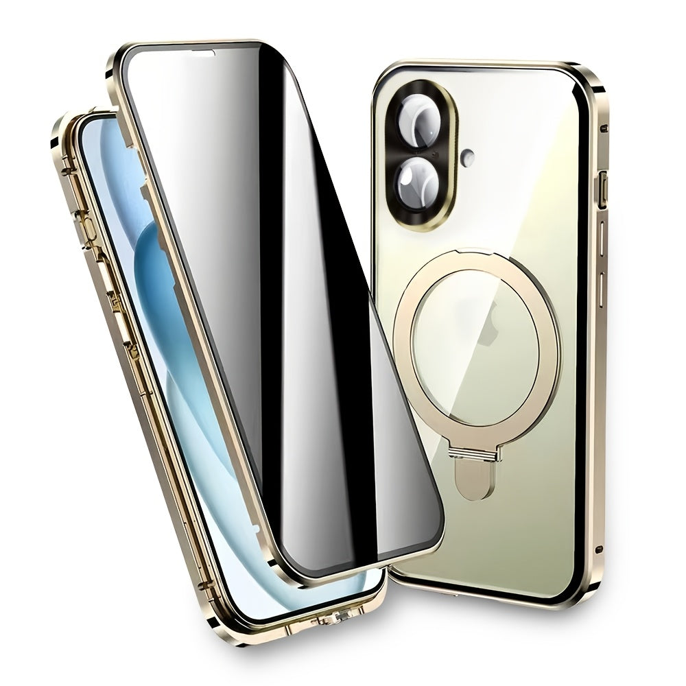 Magnetic Double-Sided Glass Privacy Phone Case for Iphone 12, 13, 14, 15, And 16 Pro Max Plus, Featuring a Security Lock And Compatibility with Magsafe, Along with a Stand And Camera Lens Protection.