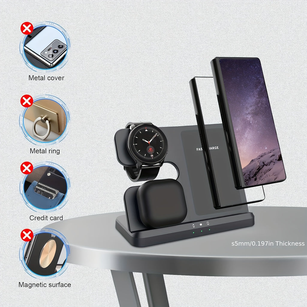 3-in-1 Wireless Charging Station with USB Type-C Fast Charger for phone, smartwatch & Earbuds (15W Max)