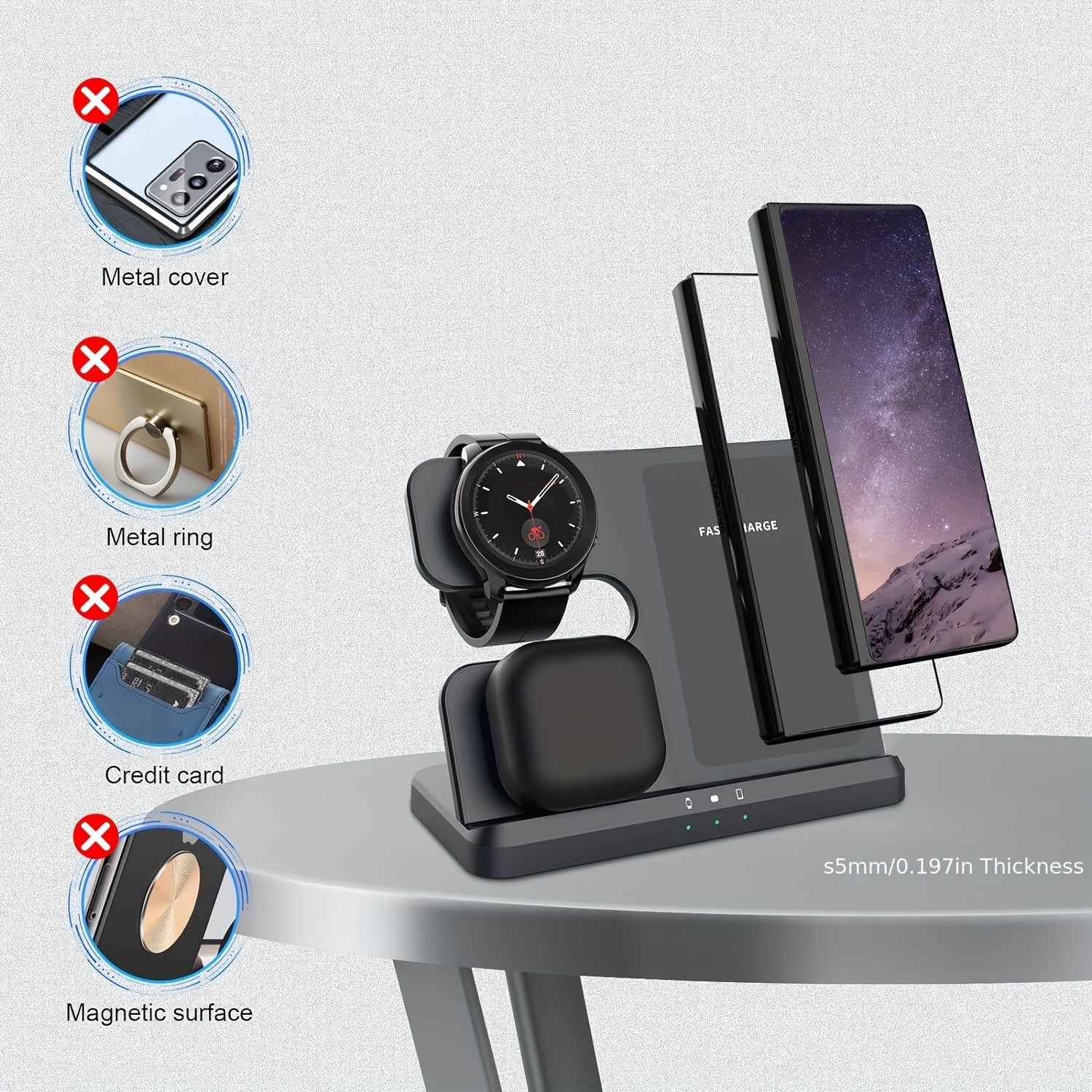 3-in-1 Wireless Charging Station with USB Type-C Fast Charger for phone, smartwatch & Earbuds (15W Max)