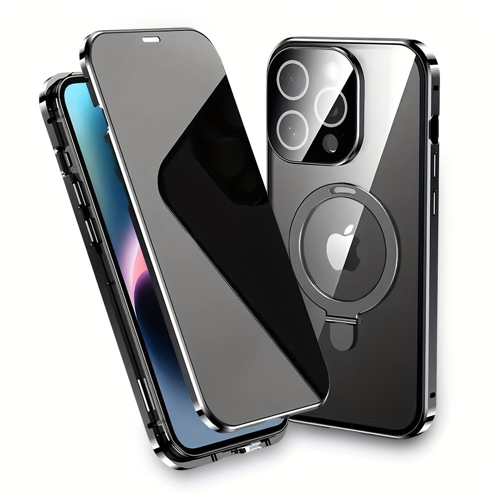 Magnetic Double-Sided Glass Privacy Phone Case for Iphone 12, 13, 14, 15, And 16 Pro Max Plus, Featuring a Security Lock And Compatibility with Magsafe, Along with a Stand And Camera Lens Protection.