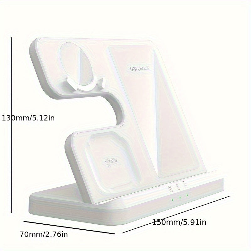 3-in-1 Wireless Charging Station with USB Type-C Fast Charger for phone, smartwatch & Earbuds (15W Max)