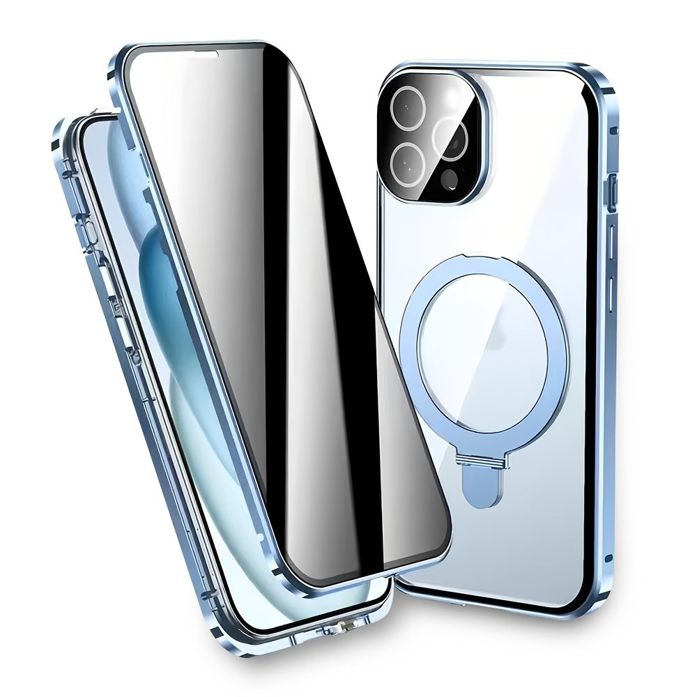 Magnetic Double-Sided Glass Privacy Phone Case for Iphone 12, 13, 14, 15, And 16 Pro Max Plus, Featuring a Security Lock And Compatibility with Magsafe, Along with a Stand And Camera Lens Protection.