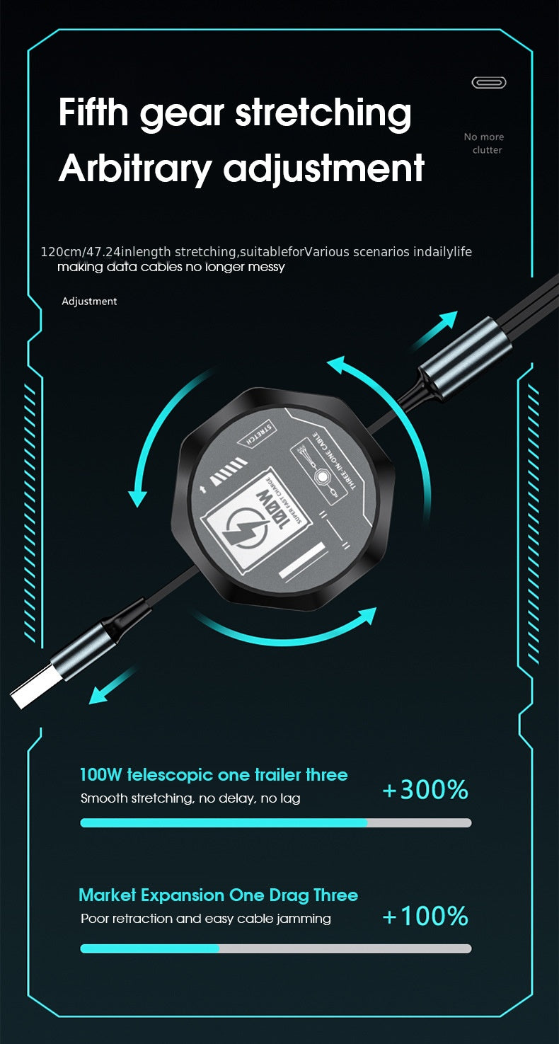 100w stretchable Fast Charging type-c Cable, multi-Functional USB Data Cord for Andriod and Tablets