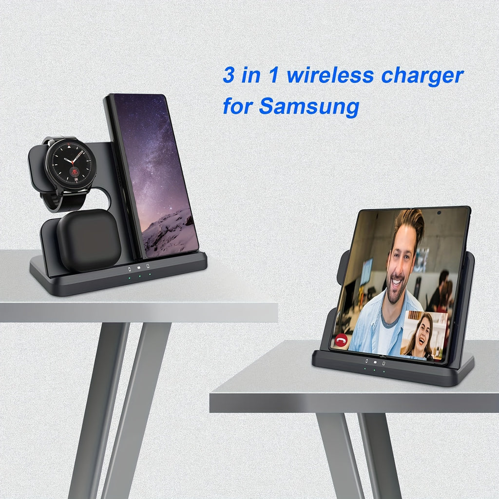 3-in-1 Wireless Charging Station with USB Type-C Fast Charger for phone, smartwatch & Earbuds (15W Max)