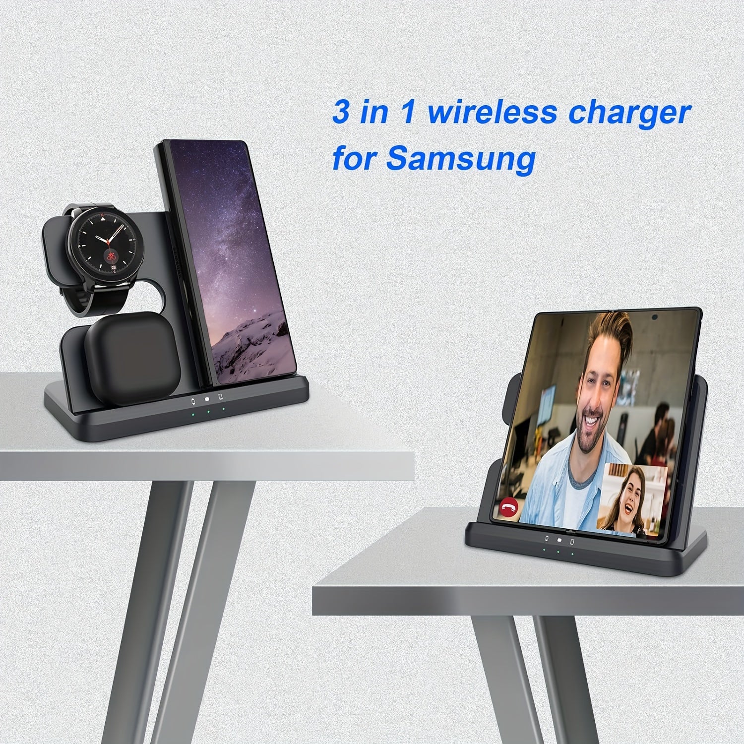 3-in-1 Wireless Charging Station with USB Type-C Fast Charger for phone, smartwatch & Earbuds (15W Max)