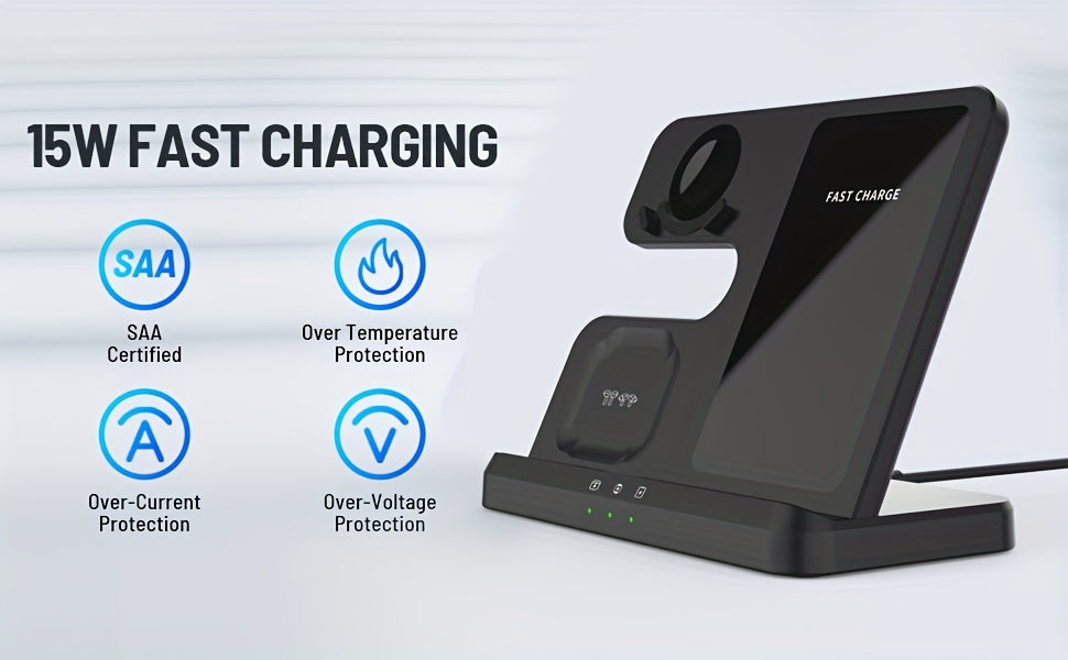 3-in-1 Wireless Charging Station with USB Type-C Fast Charger for phone, smartwatch & Earbuds (15W Max)