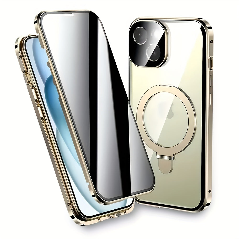 Magnetic Double-Sided Glass Privacy Phone Case for Iphone 12, 13, 14, 15, And 16 Pro Max Plus, Featuring a Security Lock And Compatibility with Magsafe, Along with a Stand And Camera Lens Protection.