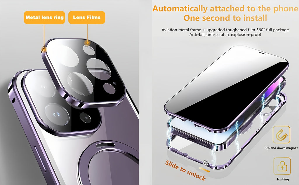 Magnetic Double-Sided Glass Privacy Phone Case for Iphone 12, 13, 14, 15, And 16 Pro Max Plus, Featuring a Security Lock And Compatibility with Magsafe, Along with a Stand And Camera Lens Protection.