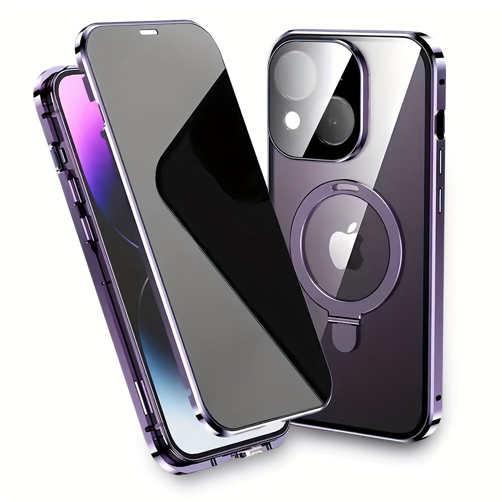 Magnetic Double-Sided Glass Privacy Phone Case for Iphone 12, 13, 14, 15, And 16 Pro Max Plus, Featuring a Security Lock And Compatibility with Magsafe, Along with a Stand And Camera Lens Protection.