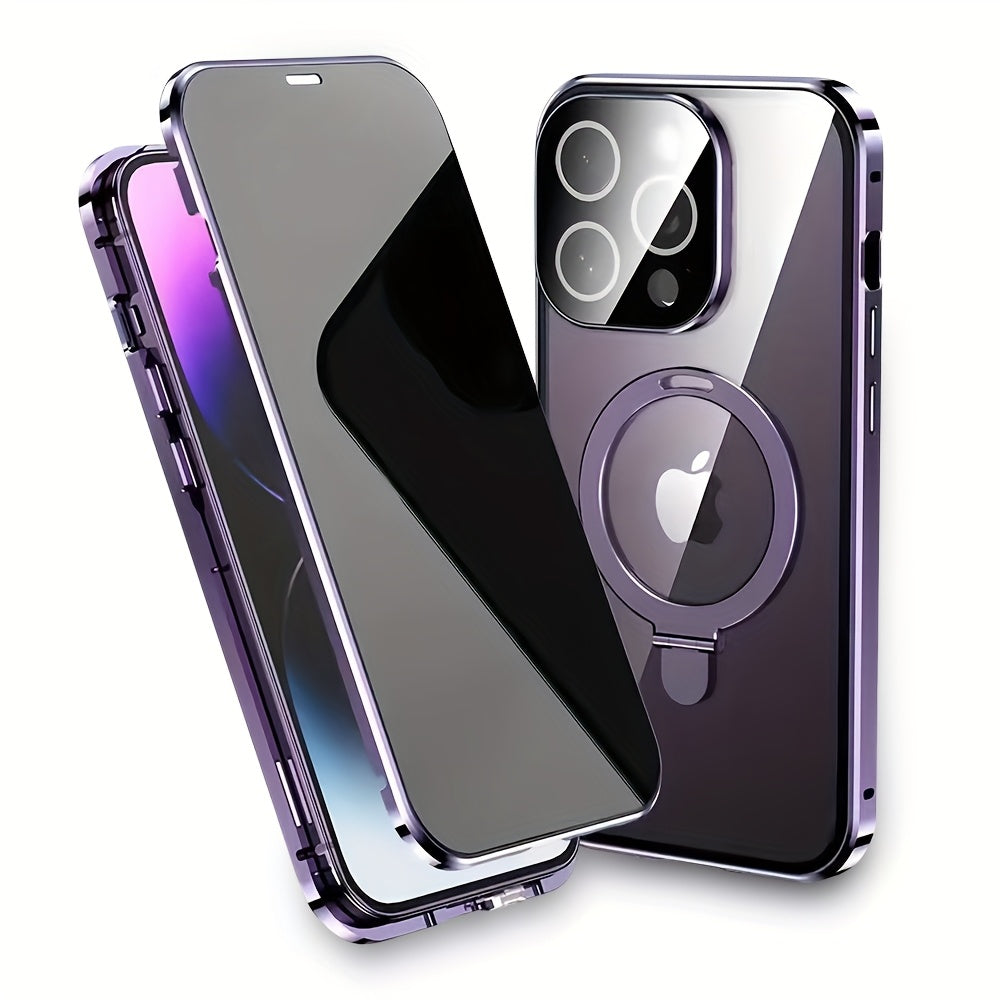 Magnetic Double-Sided Glass Privacy Phone Case for Iphone 12, 13, 14, 15, And 16 Pro Max Plus, Featuring a Security Lock And Compatibility with Magsafe, Along with a Stand And Camera Lens Protection.
